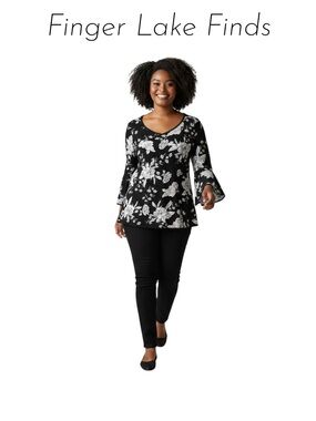 MSK Black Floral V-Neck Bell Sleeve Tunic